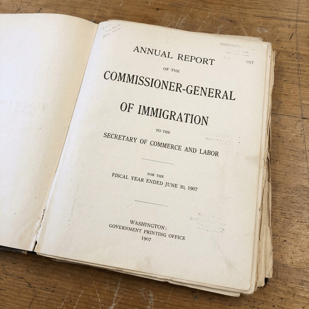 Title page reading Annual Report of the Commissioner-General of Immigration, fiscal year 1907
